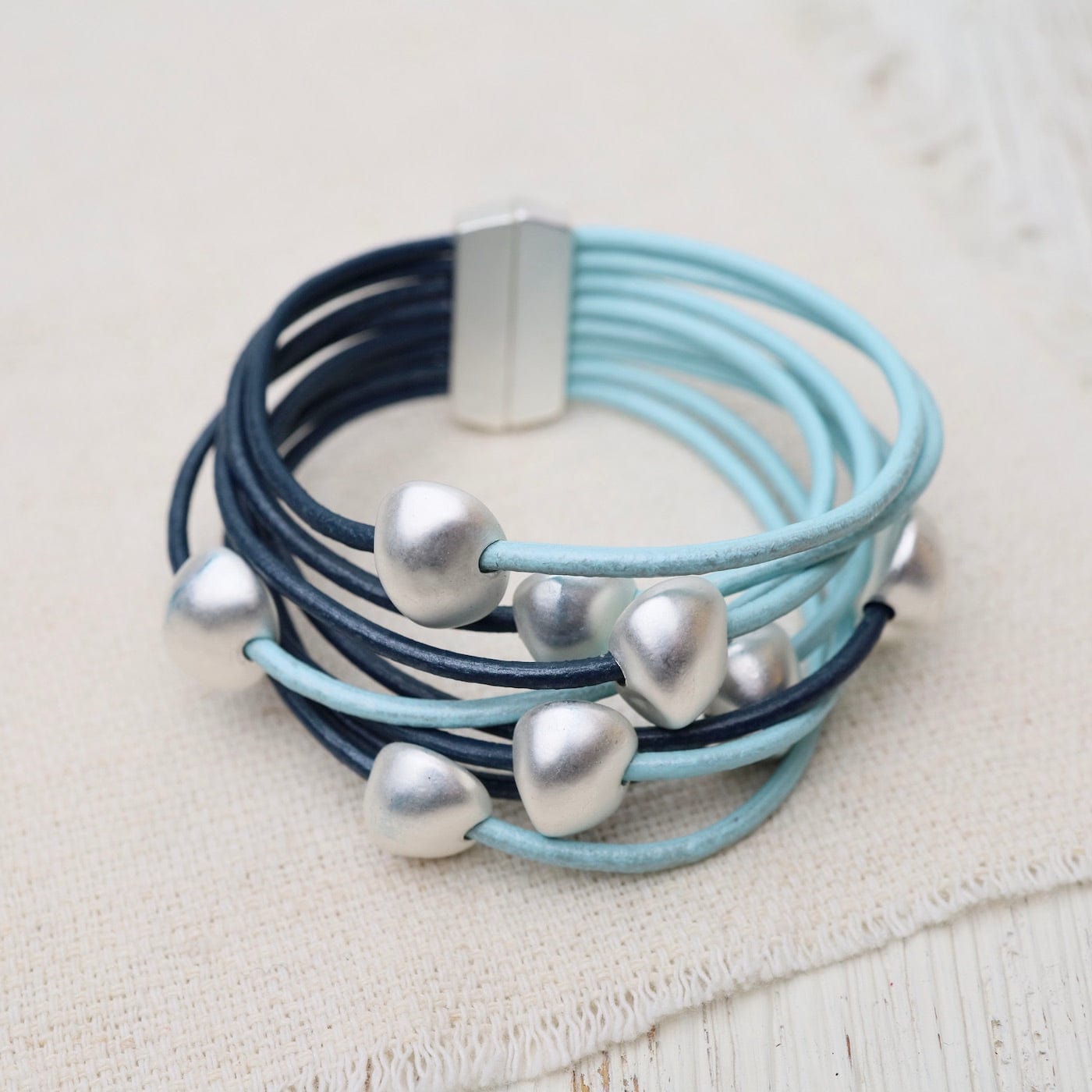 BRC-JM Matte Silver Beads on Light Blue & Navy Leather Bracelet