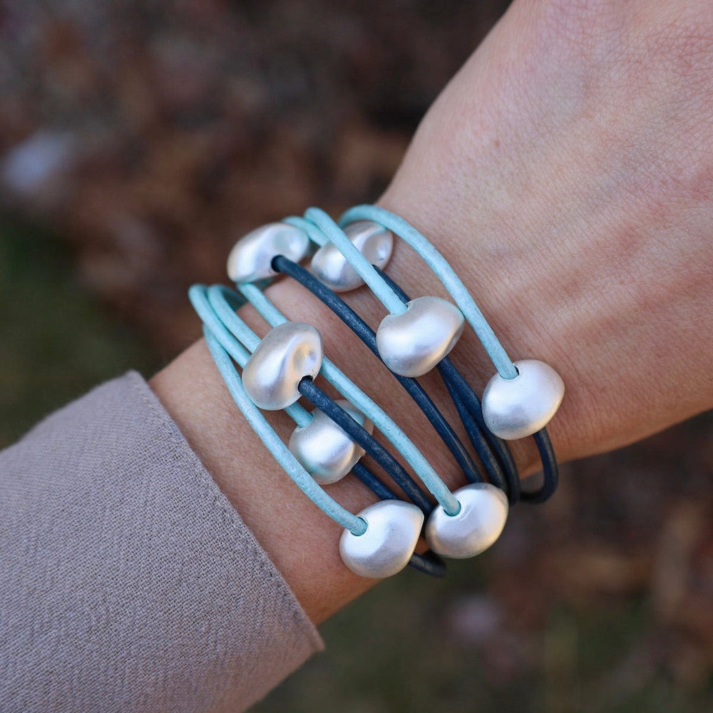 BRC-JM Matte Silver Beads on Light Blue & Navy Leather Bracelet