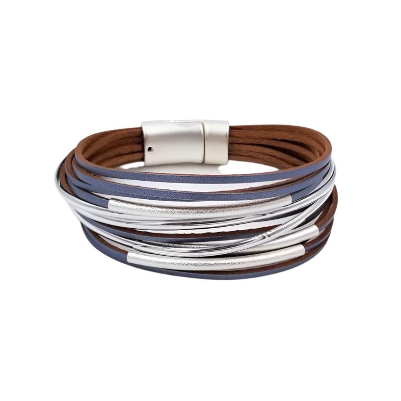 BRC-JM Matte Silver Blue Gray Leather Bracelet