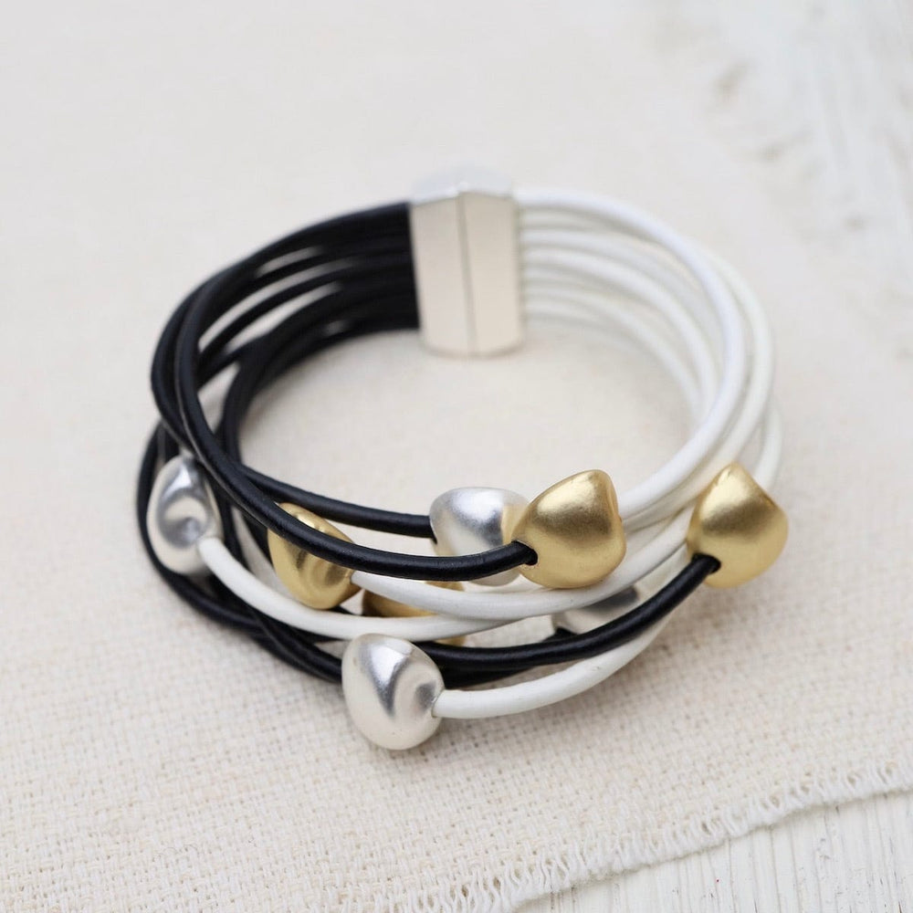 BRC-JM Matte Silver & Gold Beads on Black & White Leather Bracelet