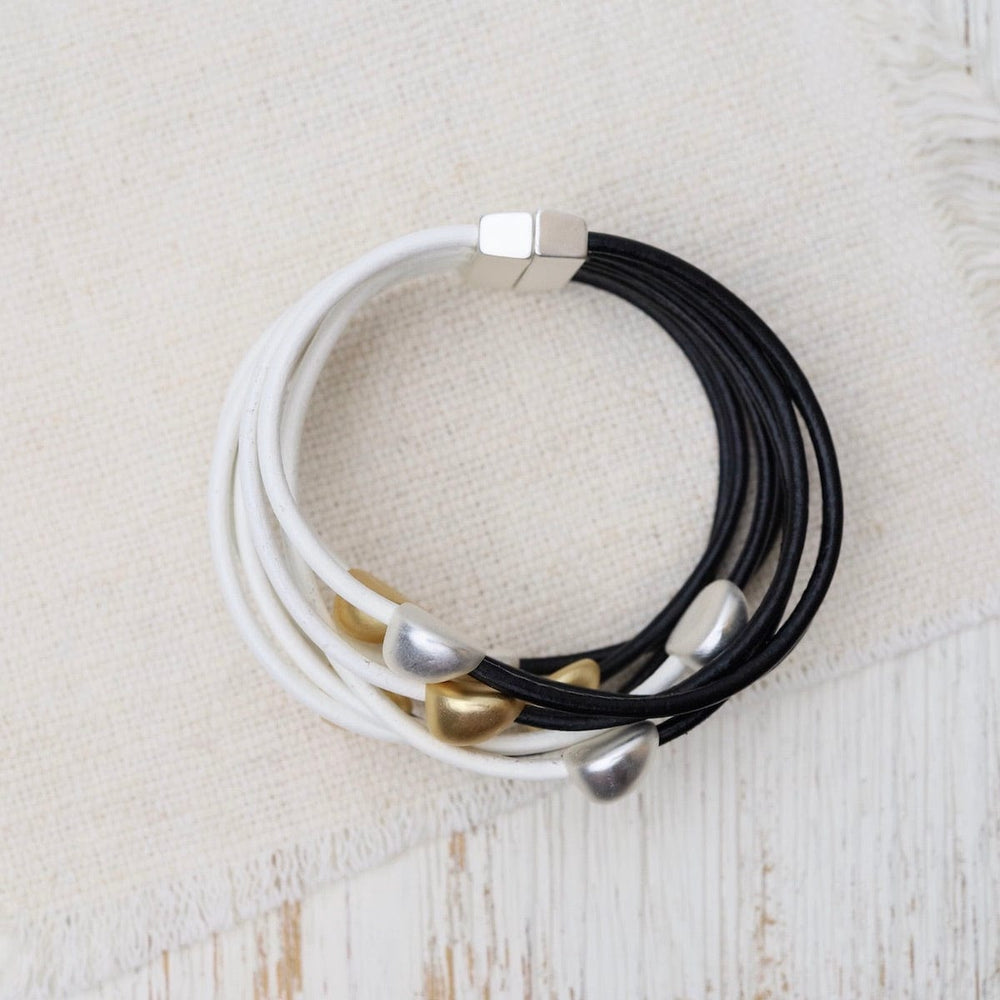 
                  
                    BRC-JM Matte Silver & Gold Beads on Black & White Leather Bracelet
                  
                