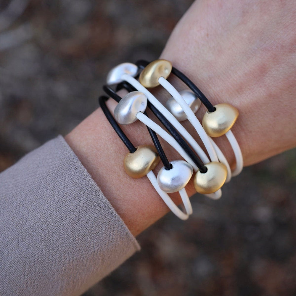 BRC-JM Matte Silver & Gold Beads on Black & White Leather Bracelet