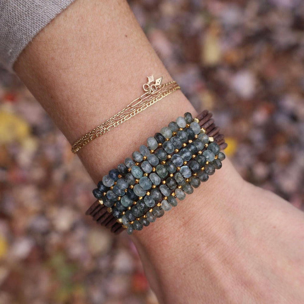 BRC-JM Moss Aqua with Gold Vermeil details on Multi-Gray Leather Bracelet