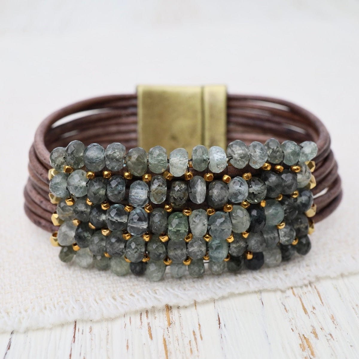 BRC-JM Moss Aqua with Gold Vermeil details on Multi-Gray Leather Bracelet