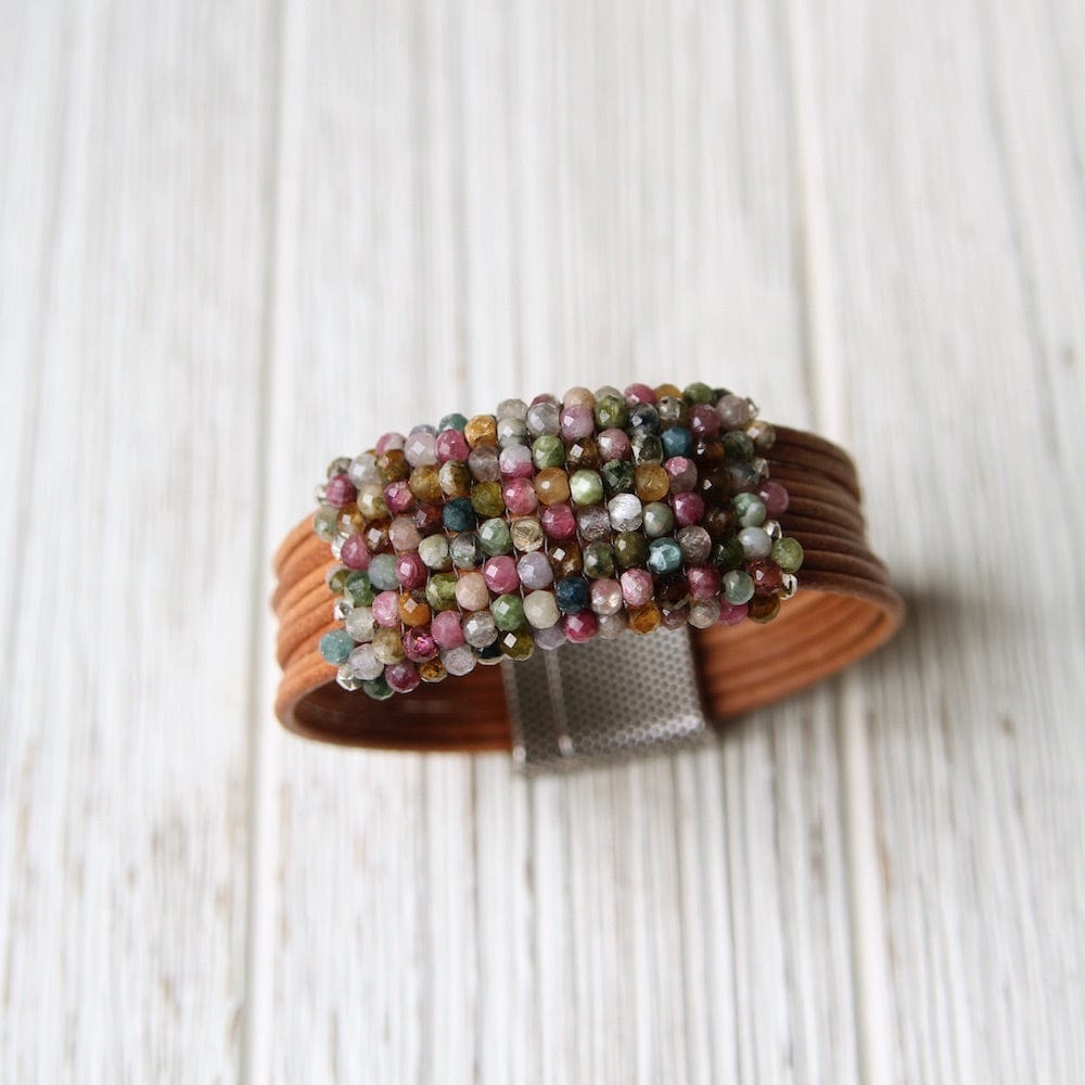 BRC-JM Multi Colored Tourmaline Hand Stitched Leather Cuff