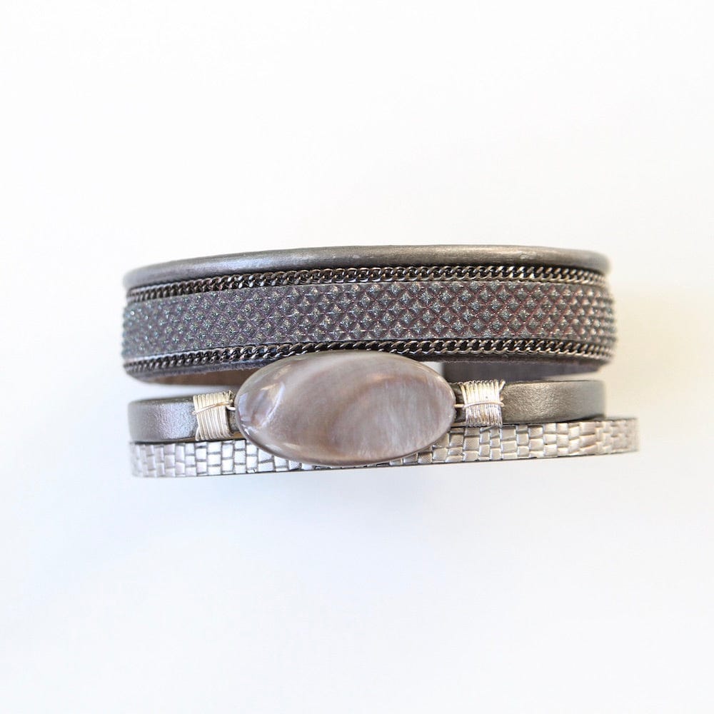 BRC-JM MULTI STRAND TEXTURED LEATHER WITH OVAL ABALONE BRACELET