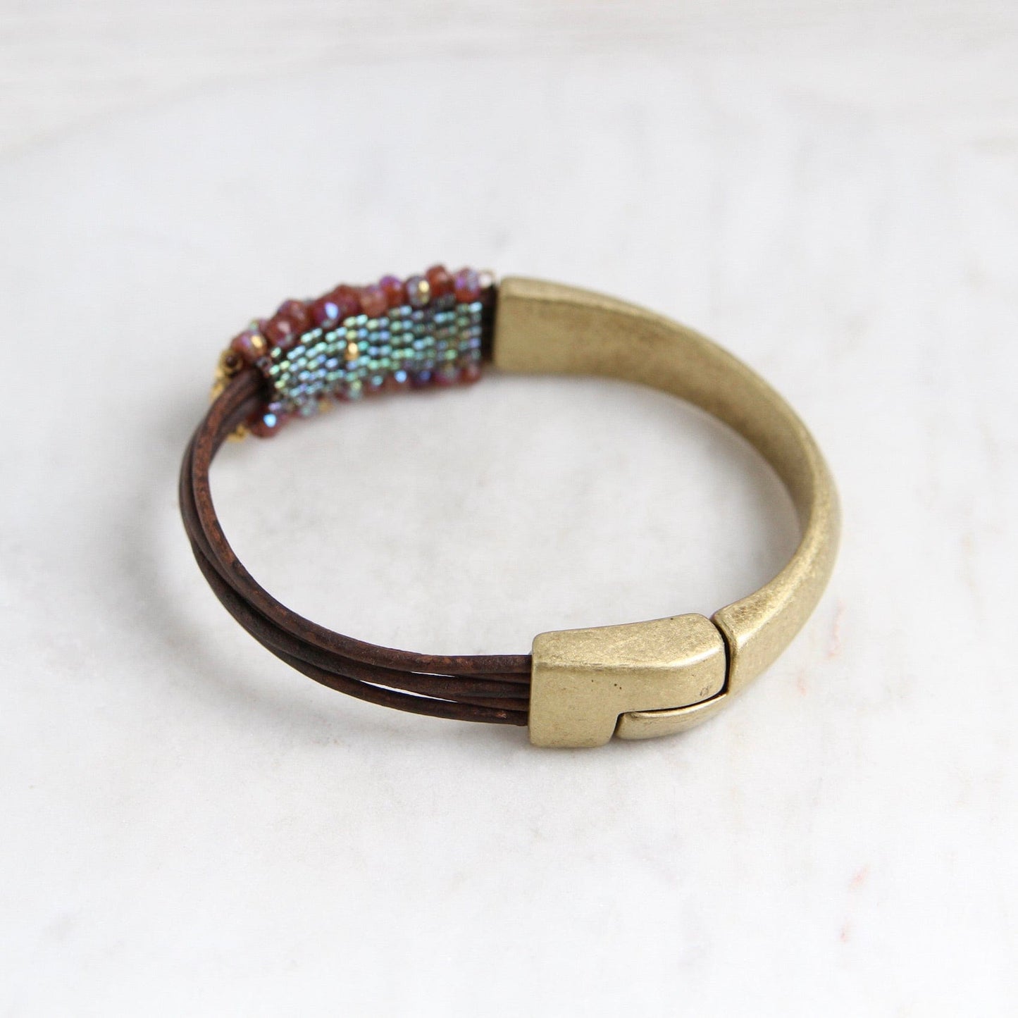 Load image into Gallery viewer, BRC-JM Mystic Moonstone Hand Stitched Leather Brass 1/2 Cuff
