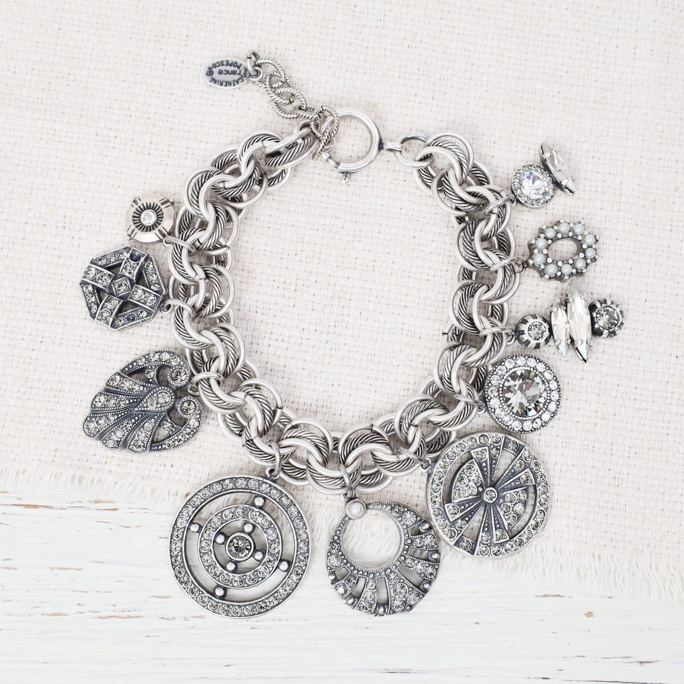 BRC-JM Old Silver Black Diamond Crystal Charm Bracelet