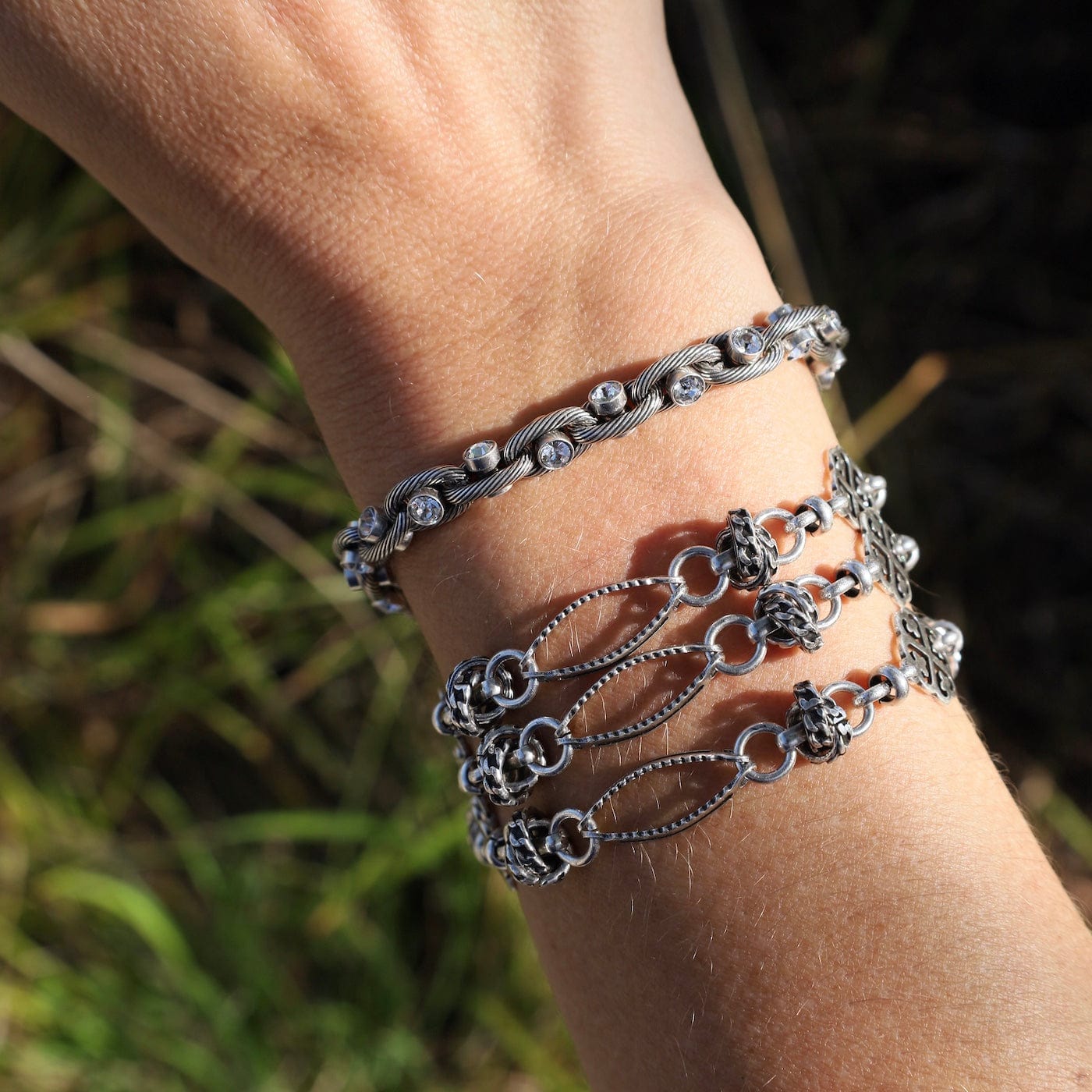 BRC-JM Old Silver Crystal Barbell Chain Bracelet