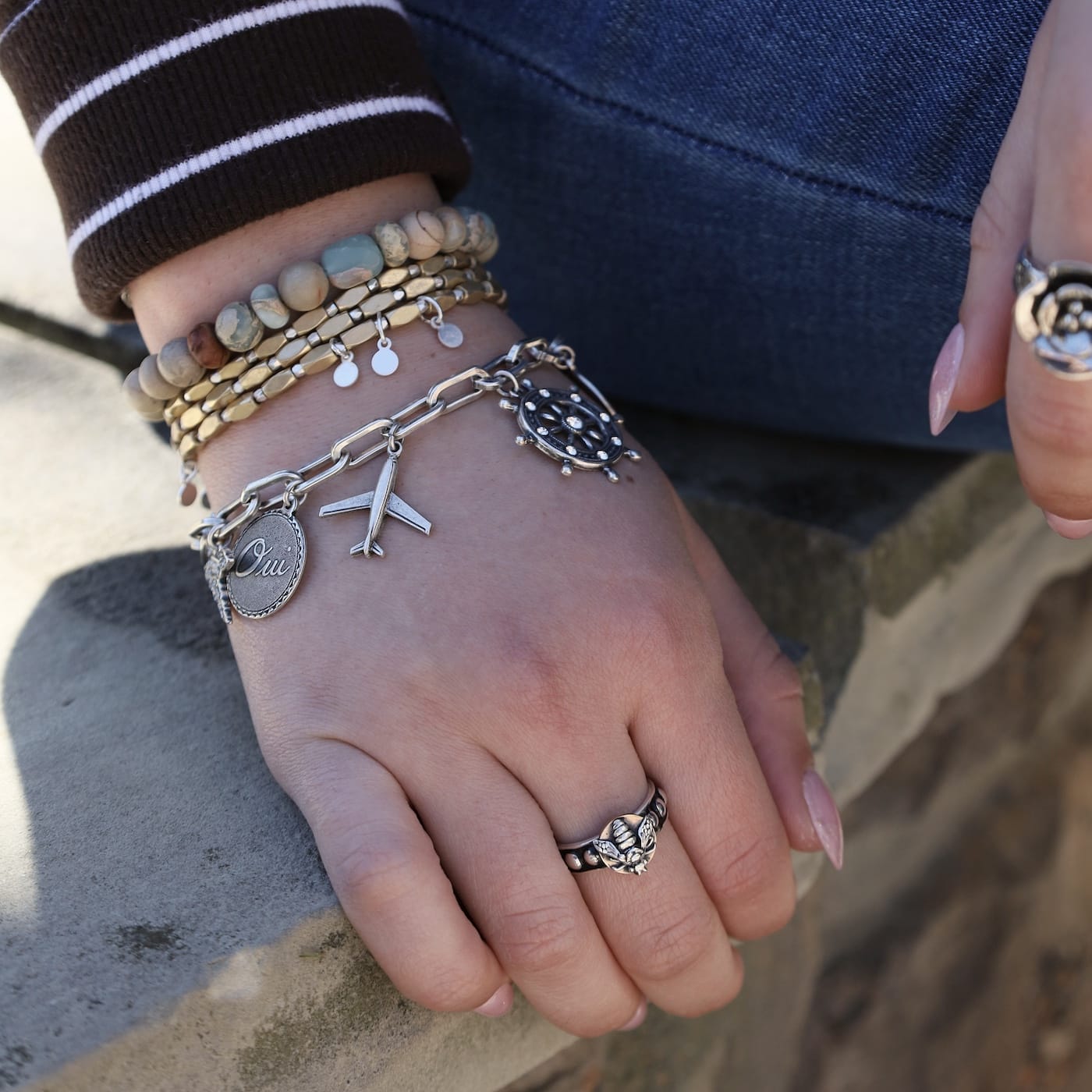 BRC-JM Old Silver Crystal Travel Charm Bracelet