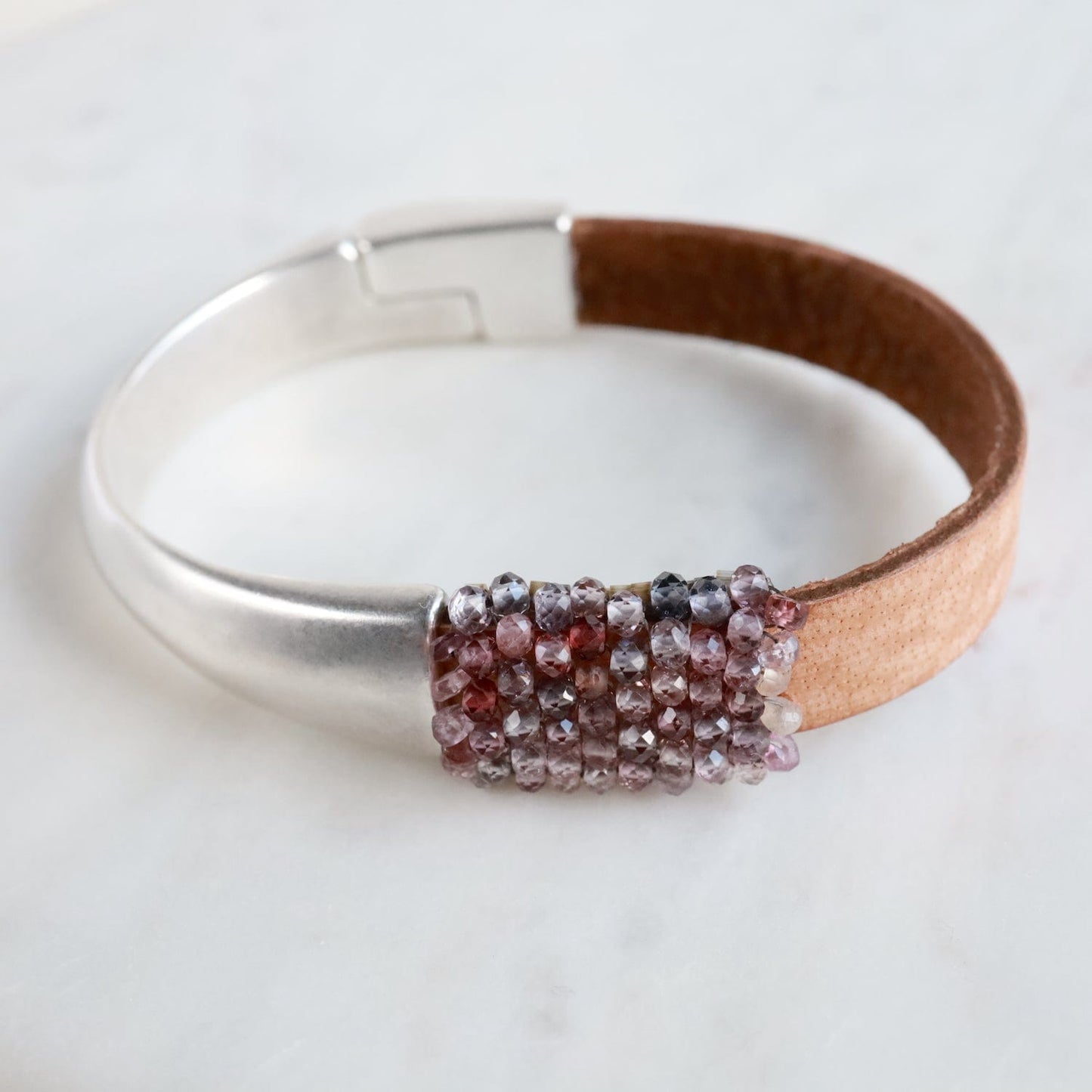 BRC-JM Rainbow Spinel Hand Stitched Leather 1/2 Cuff Bracelet