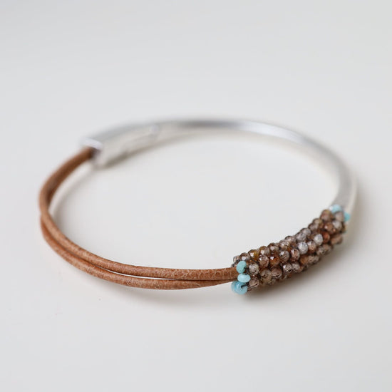 Load image into Gallery viewer, BRC-JM Rust and Brown Zircon Hand Stitched Leather 1/2 Cuff
