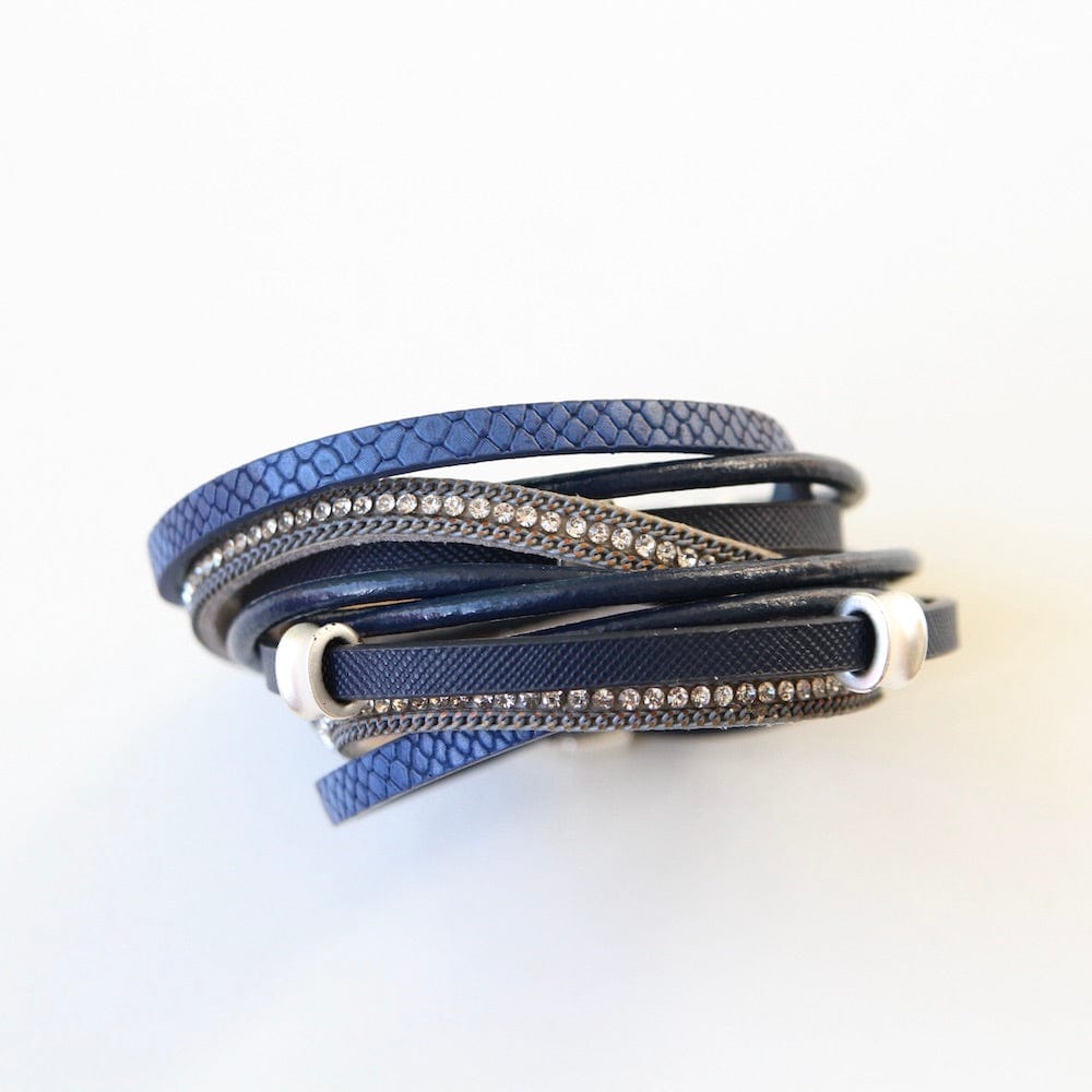 BRC-JM SILVER LEATHER AND MATTE BLUE MULTI STRAND BRACELET