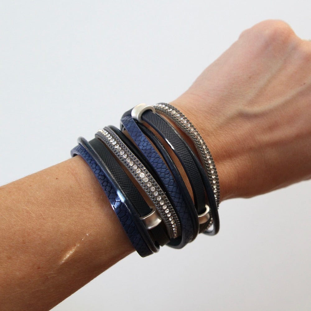 BRC-JM SILVER LEATHER AND MATTE BLUE MULTI STRAND BRACELET