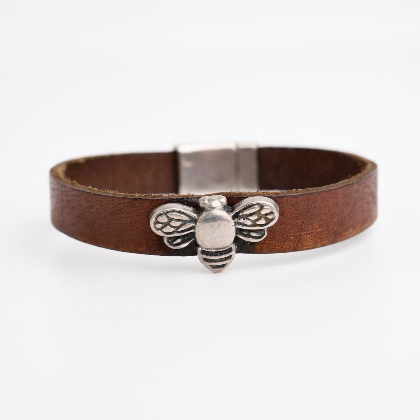 BRC-JM Silver Plated Bee on Leather Bracelet