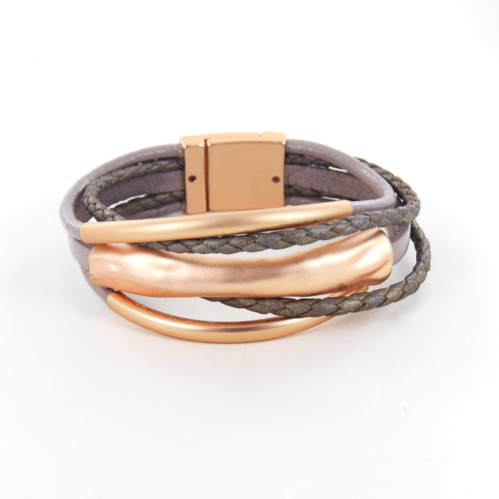 BRC-JM TAUPE  LEATHER AND MATTE GOLD LEAF BRACELET