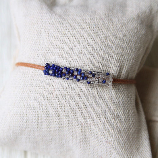 BRC-JM Tiny Lapis and White Topaz Hand Stitched Leather Cuff