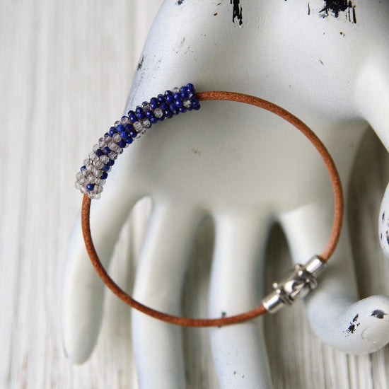 BRC-JM Tiny Lapis and White Topaz Hand Stitched Leather Cuff