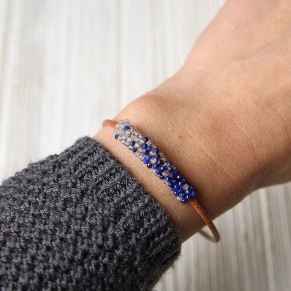 BRC-JM Tiny Lapis and White Topaz Hand Stitched Leather Cuff