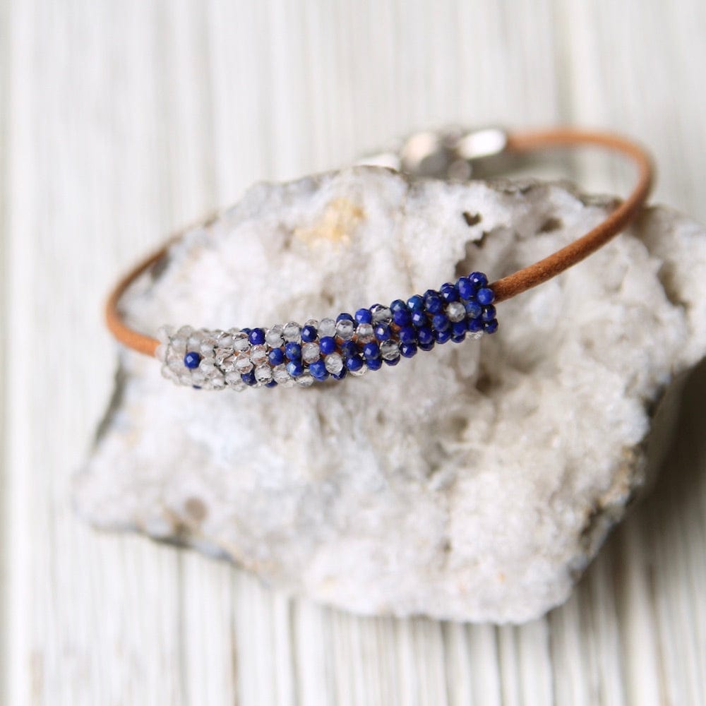 BRC-JM Tiny Lapis and White Topaz Hand Stitched Leather Cuff