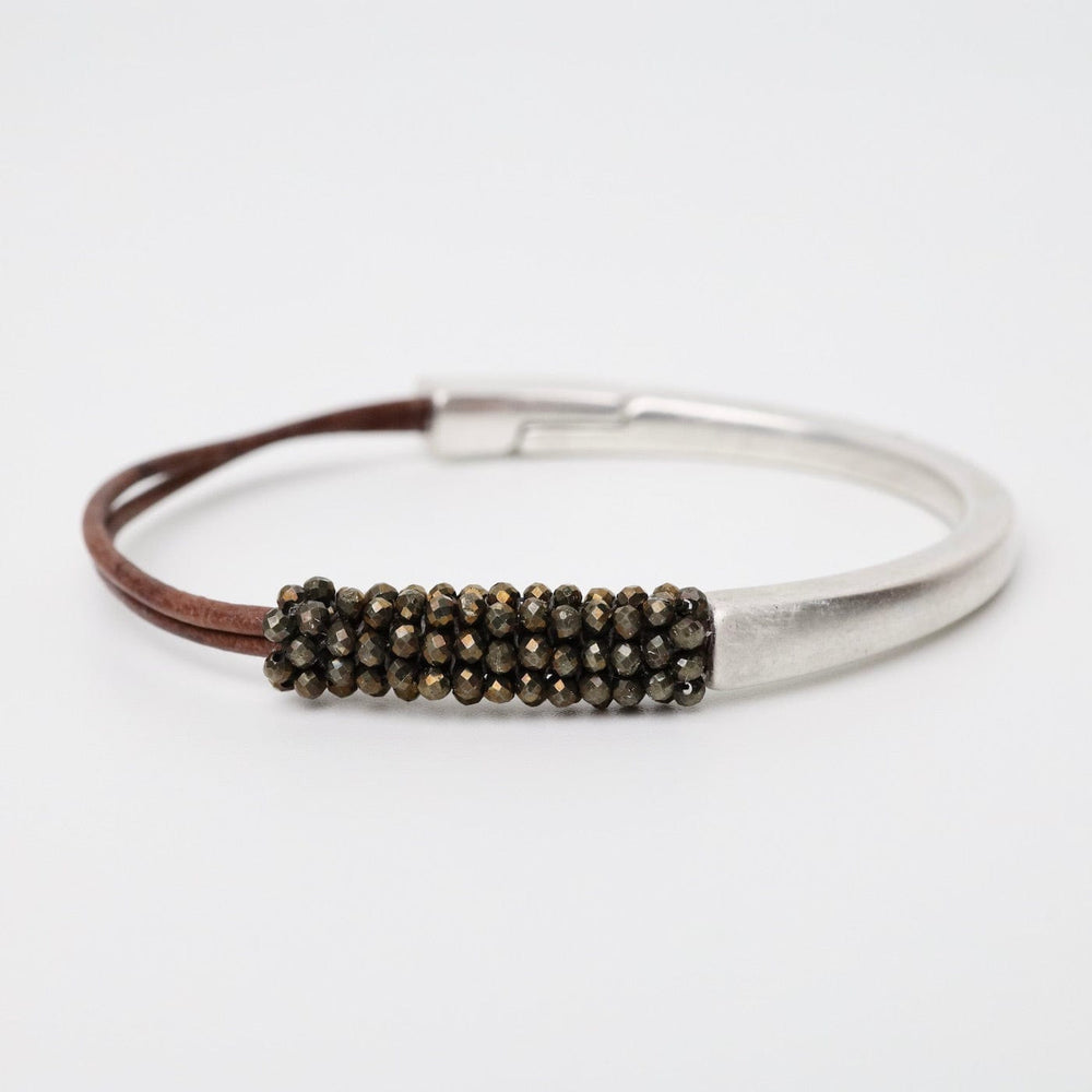 BRC-JM Tiny Pyrite On 2 Strands of Grey Leather Bracelet