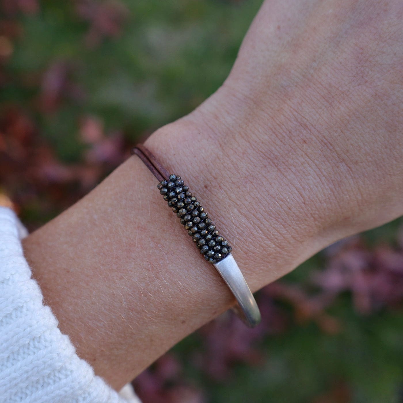 BRC-JM Tiny Pyrite On 2 Strands of Grey Leather Bracelet