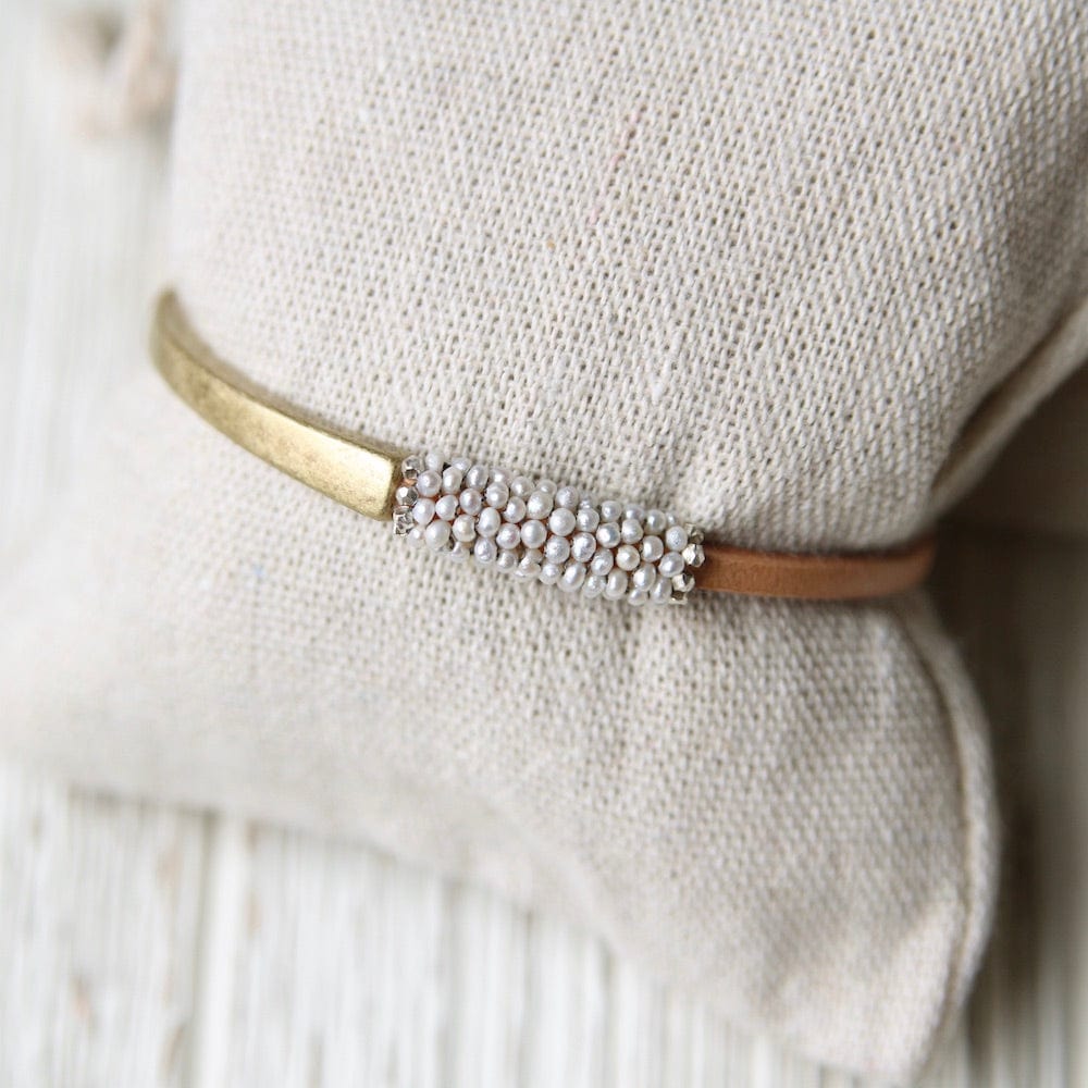 Load image into Gallery viewer, BRC-JM Tiny White Pearls Hand Stitched Leather and Brass 1/2 Cuff
