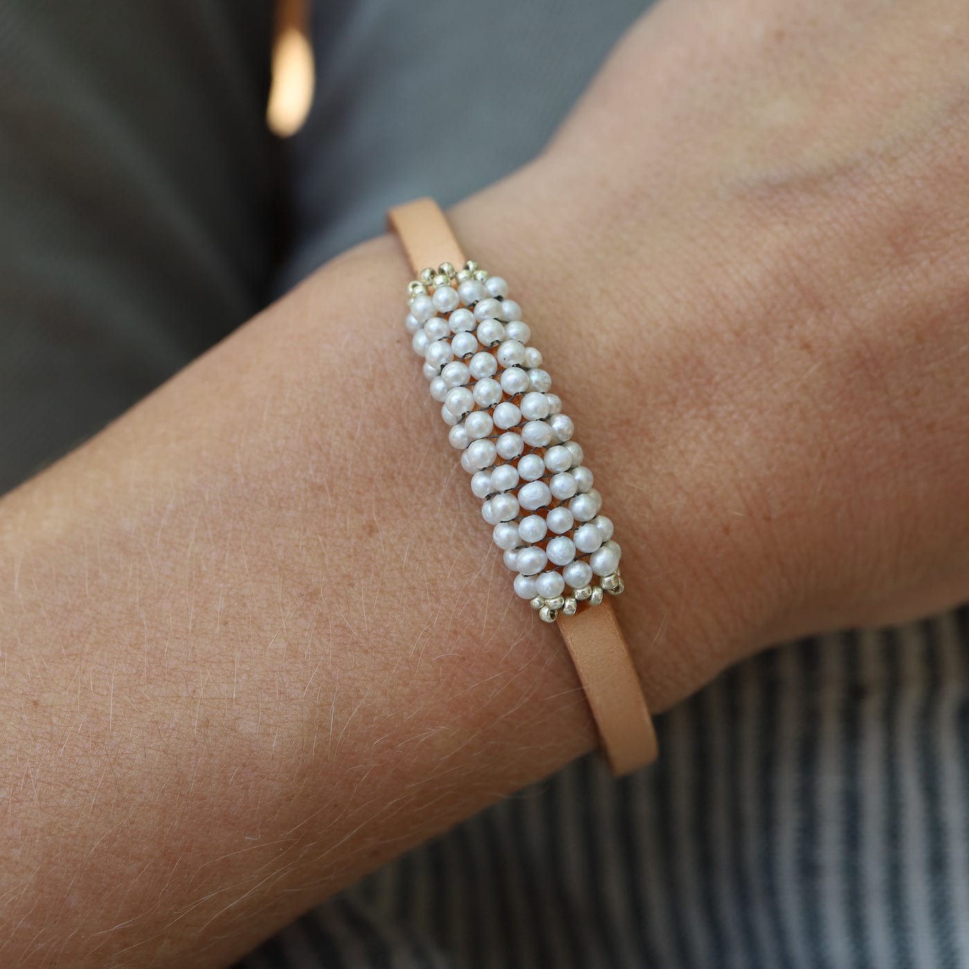 BRC-JM Tiny White Seed Pearls Hand Stitched Bracelet