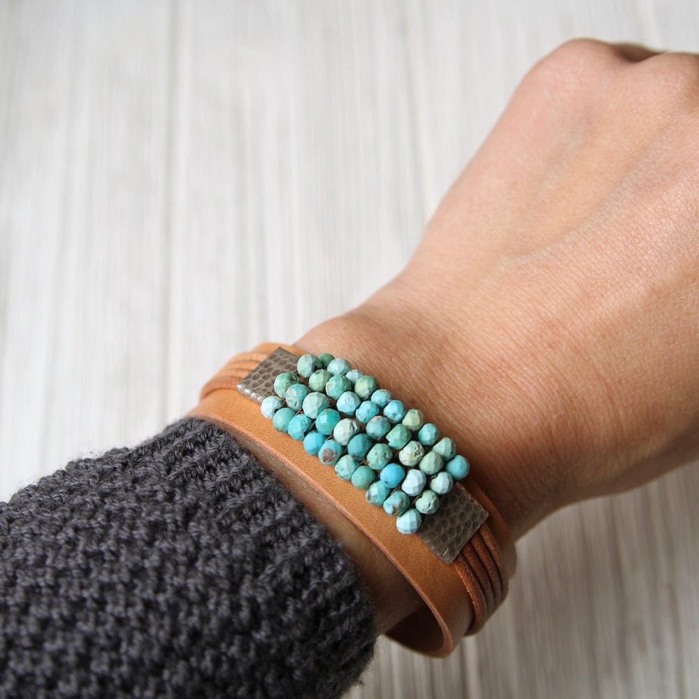 BRC-JM Turquoise with Hill Tribe Sliders Hand Stitched Leather Cuff