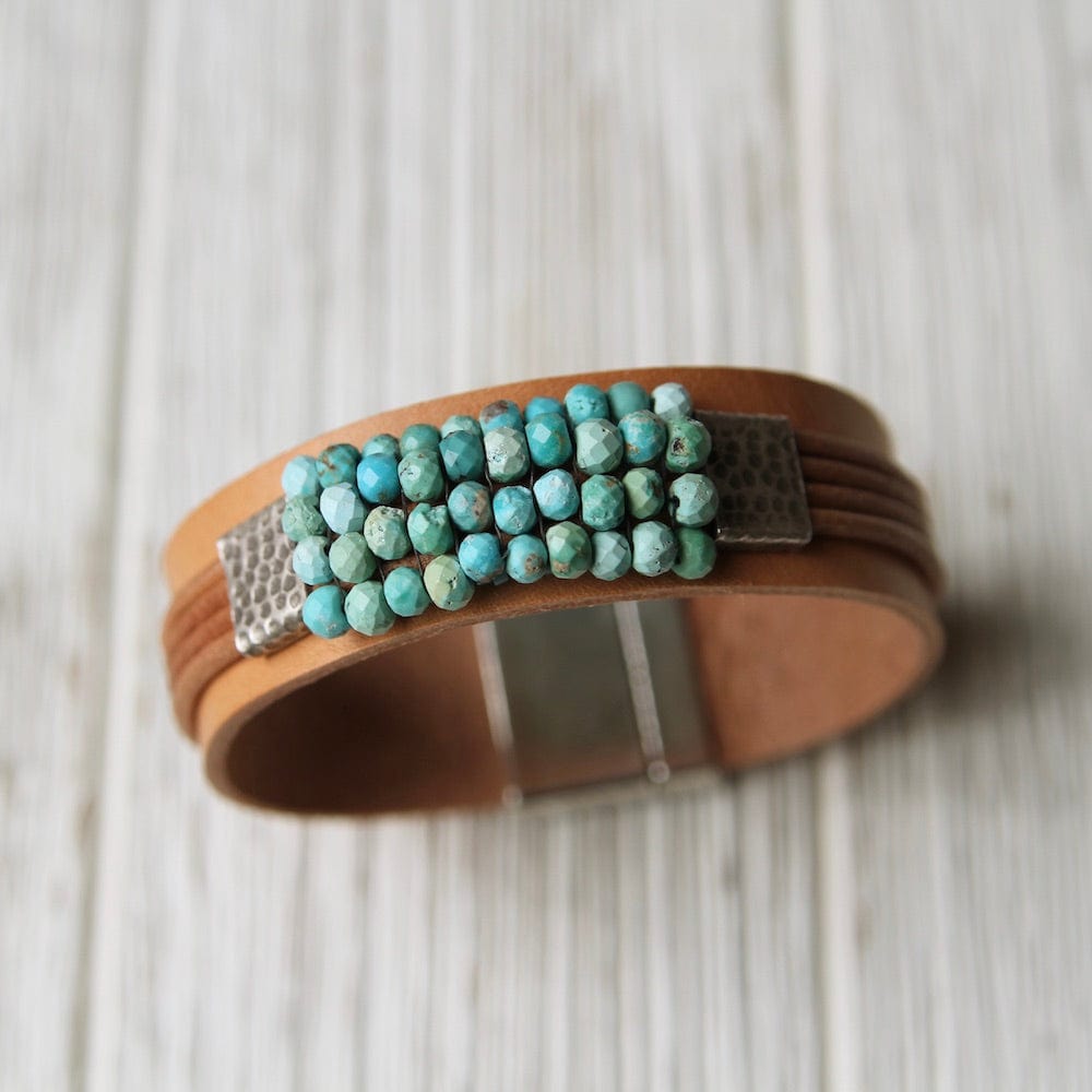 BRC-JM Turquoise with Hill Tribe Sliders Hand Stitched Leather Cuff