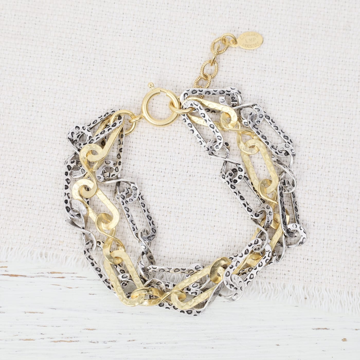 BRC-JM Two Tone Triple Strand Hammered Oval Link Bracelet