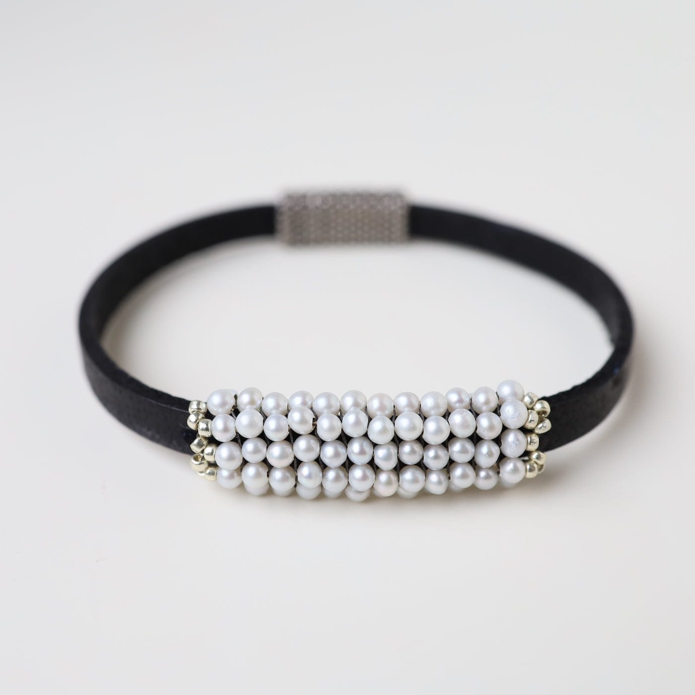 BRC-JM White Seed Pearls Hand Stitched Leather Cuff