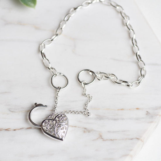BRC Link Chain Bracelet with Filagree Heart Lock