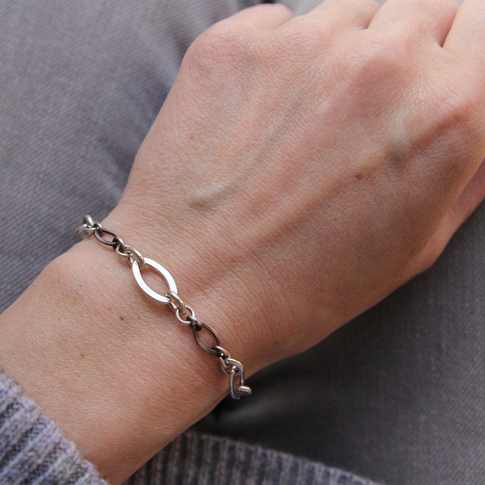 BRC Mixed Oxidized & Shiny Link Sterling Silver Bracelet