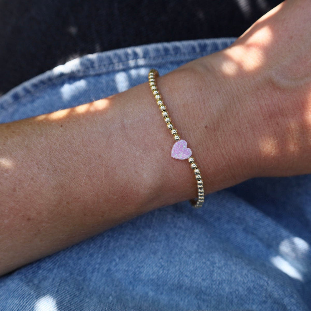 BRC Pink Opal Heart Gold Filled Ball Bracelet