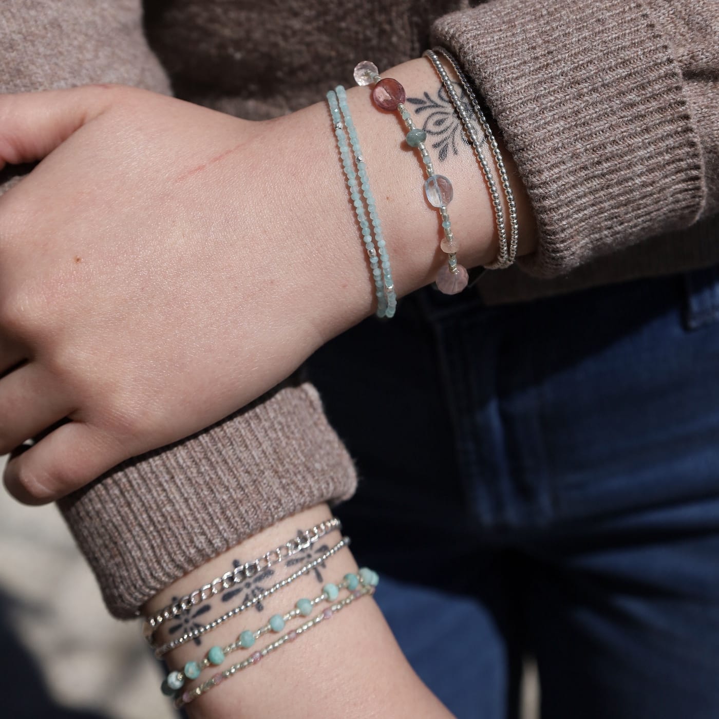 BRC Rose Quartz & Blue Topaz Silver Glass Bracelet