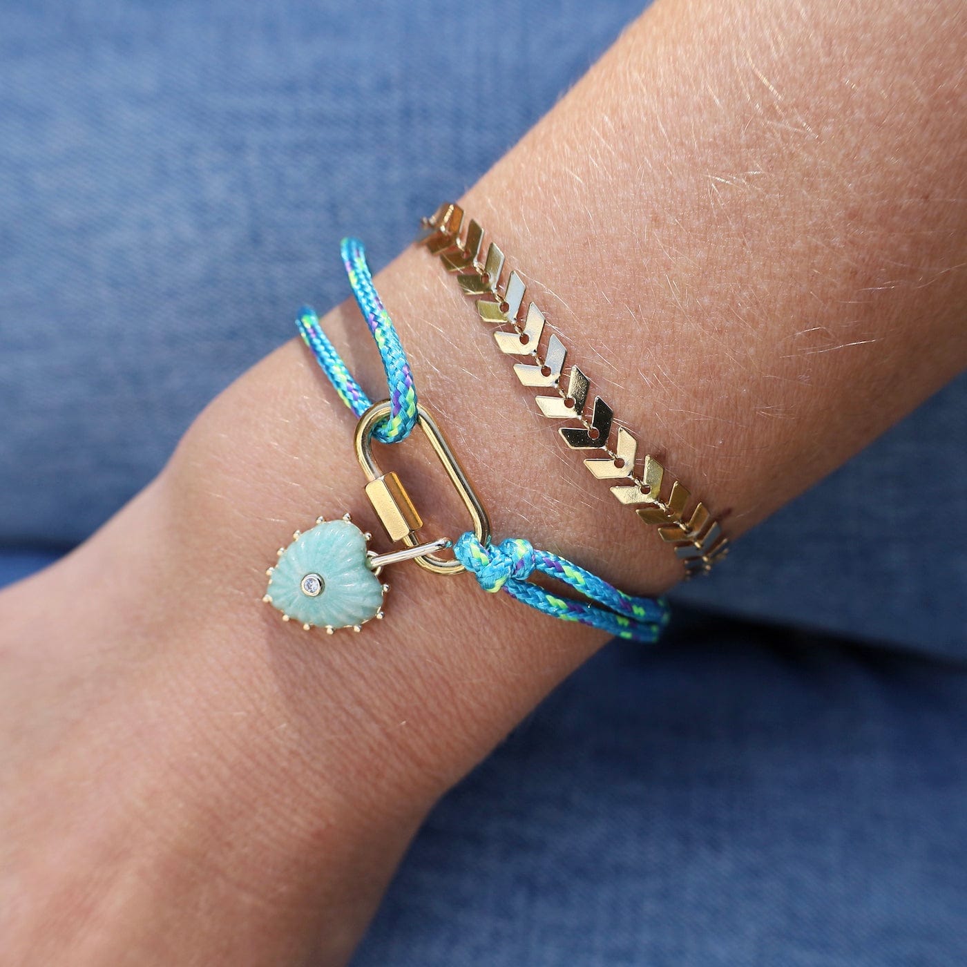 BRC-S.STL 18K Gold Stainless Steel Teal Rope Carabiner Bracelet