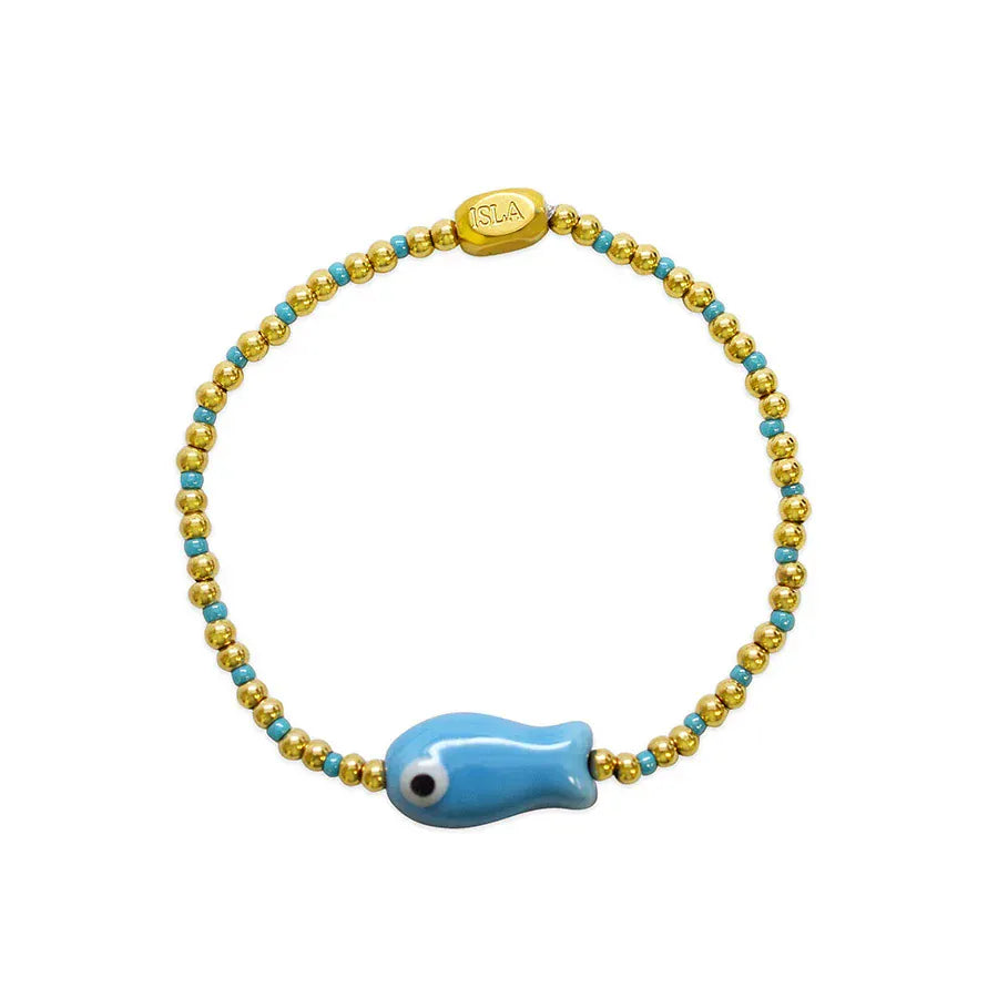 BRC-S.STL Aqua Azure Lucky Fish Bracelet - Gold Plated Stain