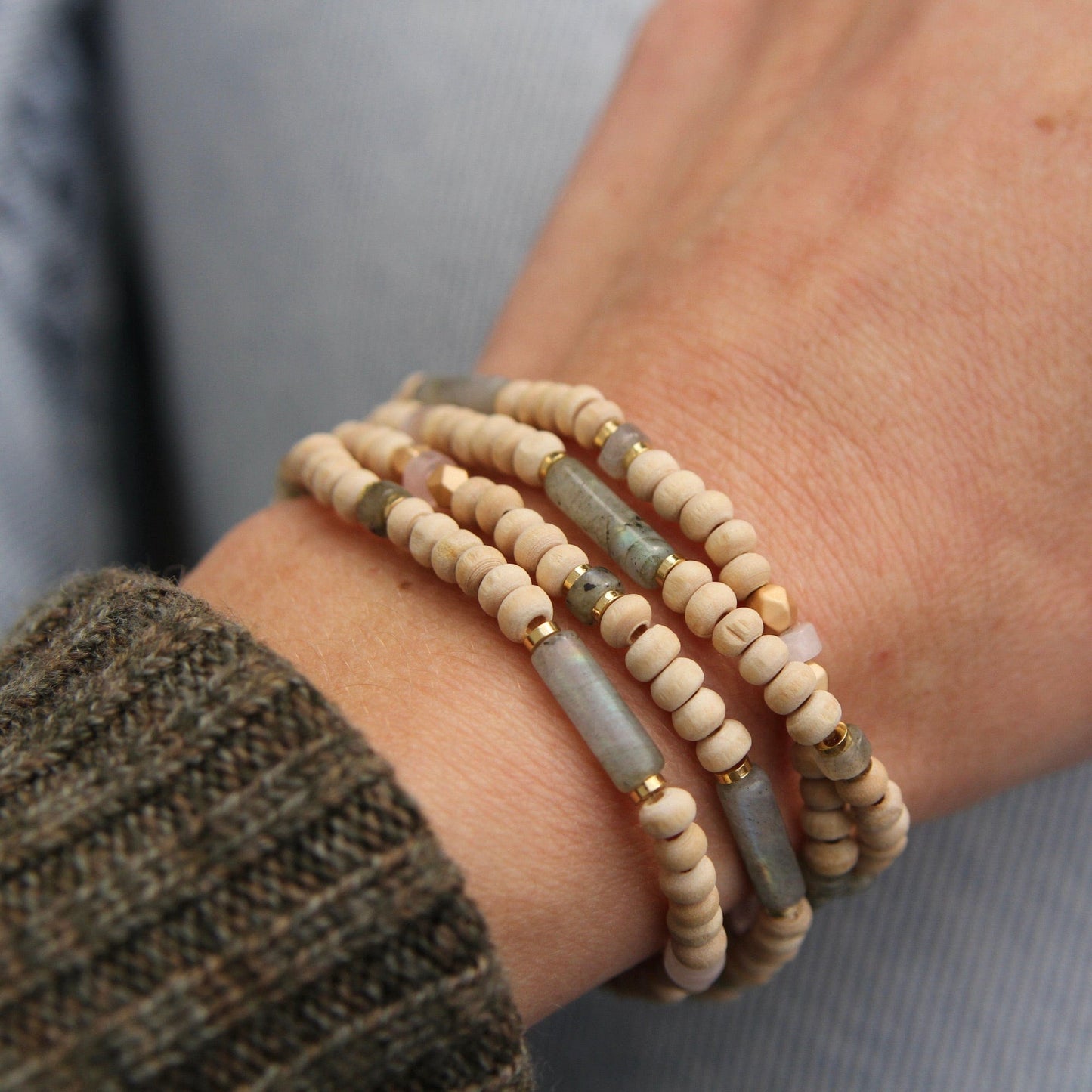 BRC Scout Wood & Labradorite Wrap Bracelet & Necklace