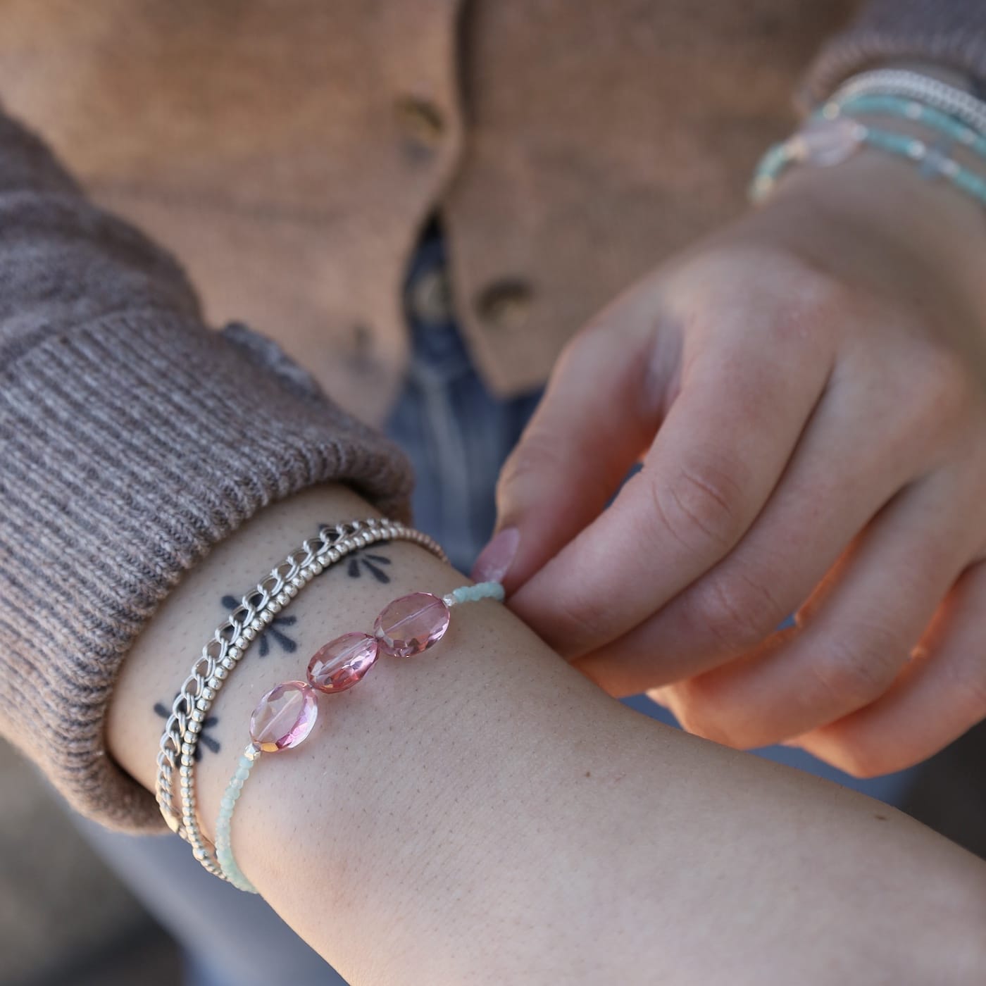 BRC Silver Amazonite with 3 Pink Topaz Ovals Bracelet