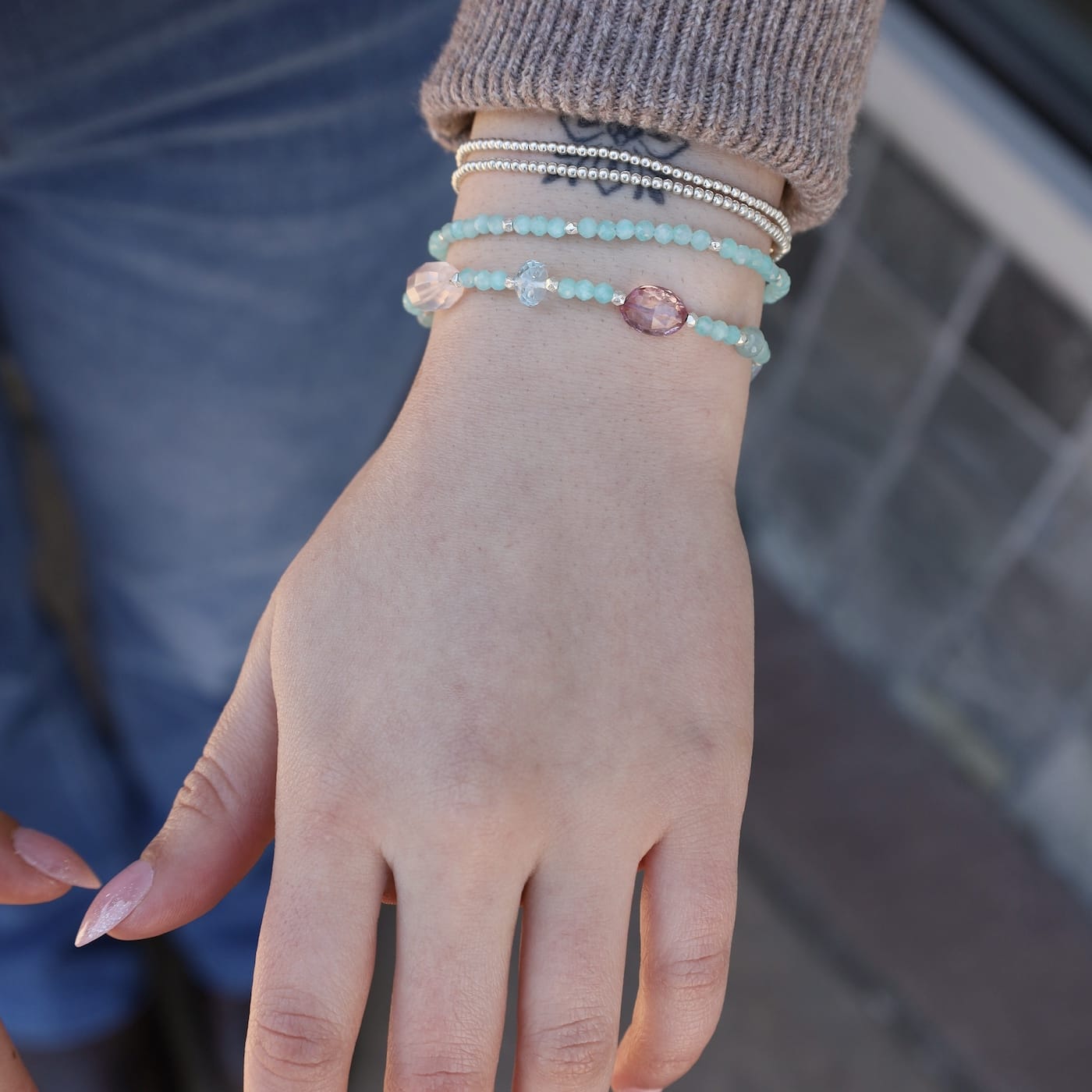 BRC Silver Amazonite with Pink Topaz Bracelet