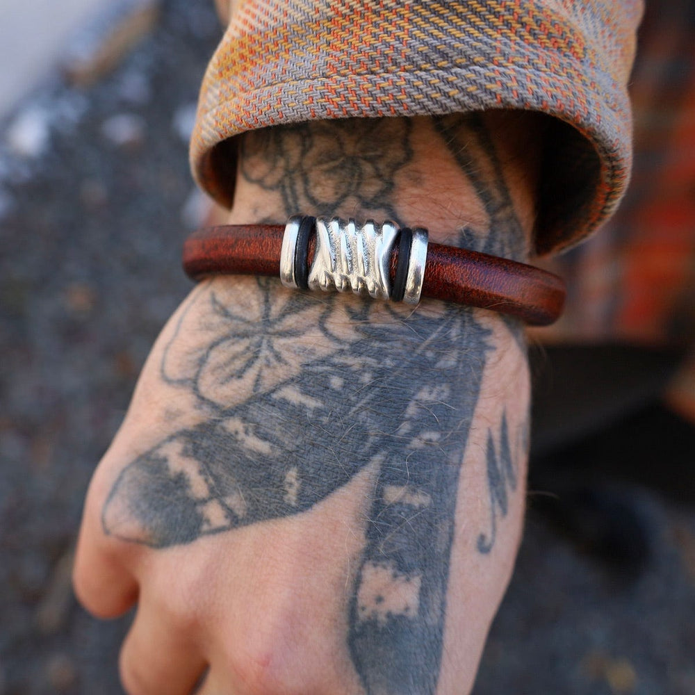 BRC Silver Energy Brown Leather Bracelet