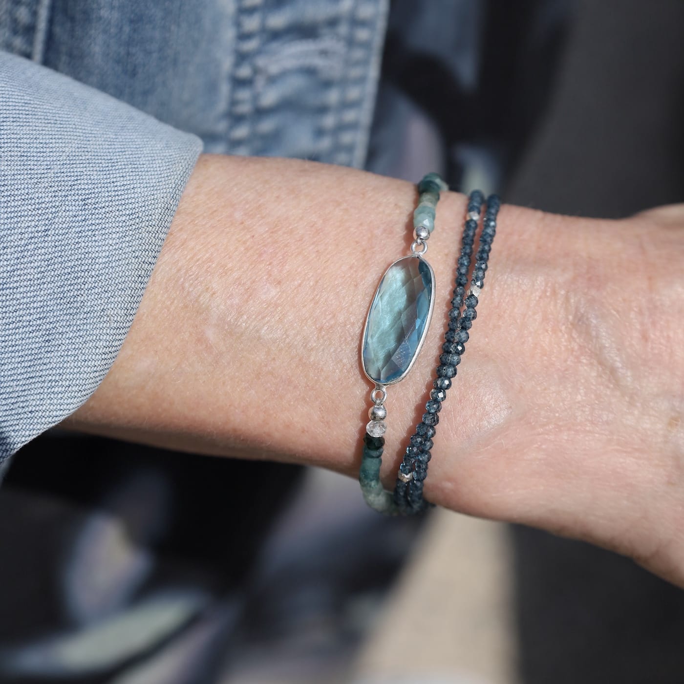 BRC Silver Oval Blue Quartz Link & Grandidierite Bracelet