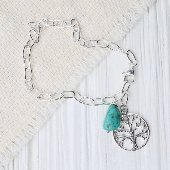 BRC Silver Oval Link with Turquoise & Tree Of Life Charms Bracelet
