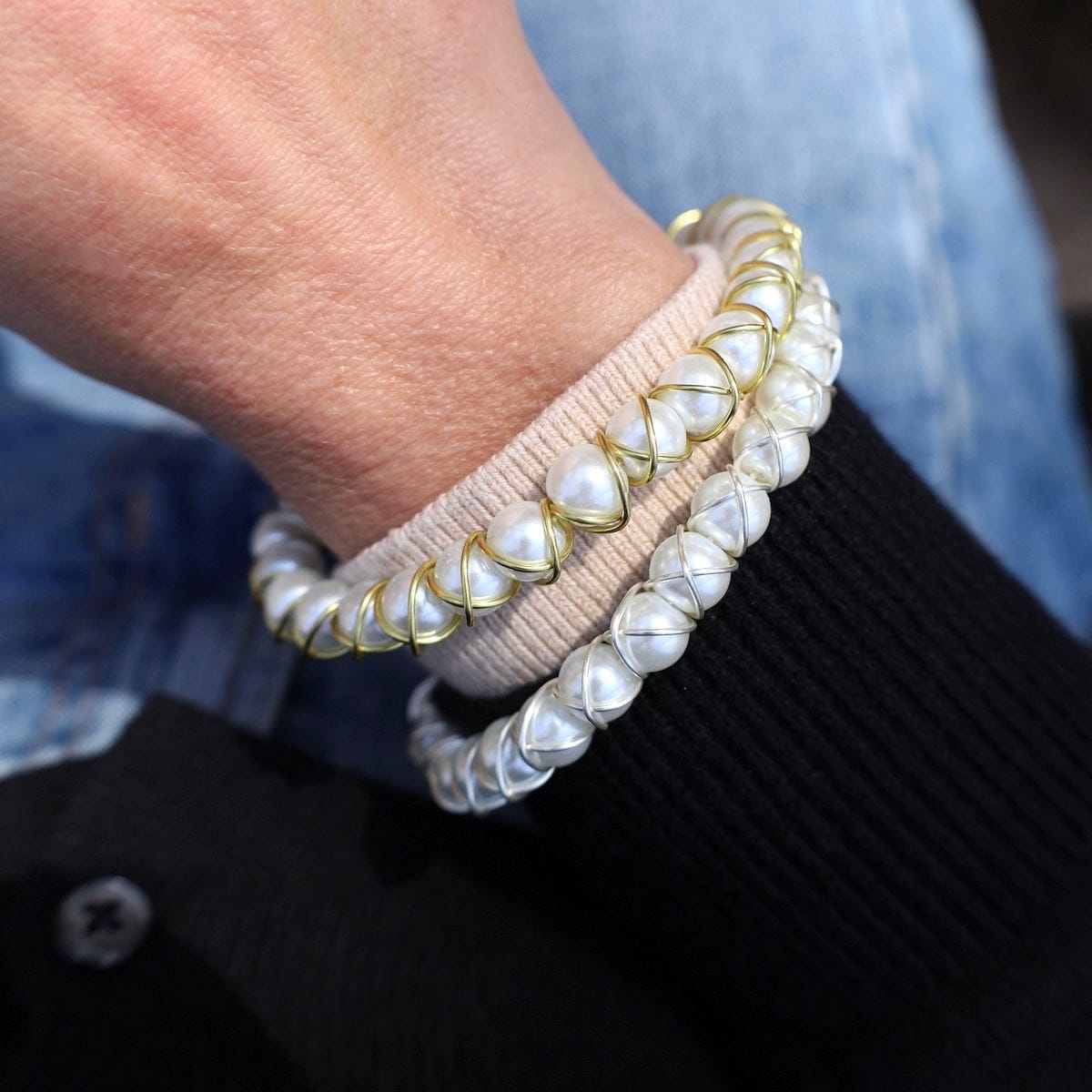 BRC-SPL 8mm Glass Pearl Signature "X" Bangle - Silver Plat