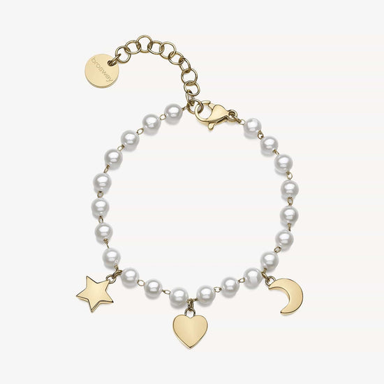BRC-SS Stainless Steel Gold Tone Bracelet with Crystal Pearls with Moon, Heart, and Star Charms