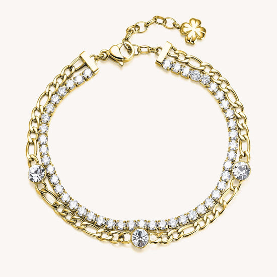 BRC-SS Stainless Steel Gold Tone Double Bracelet with Crystal Line and Chain with Stations