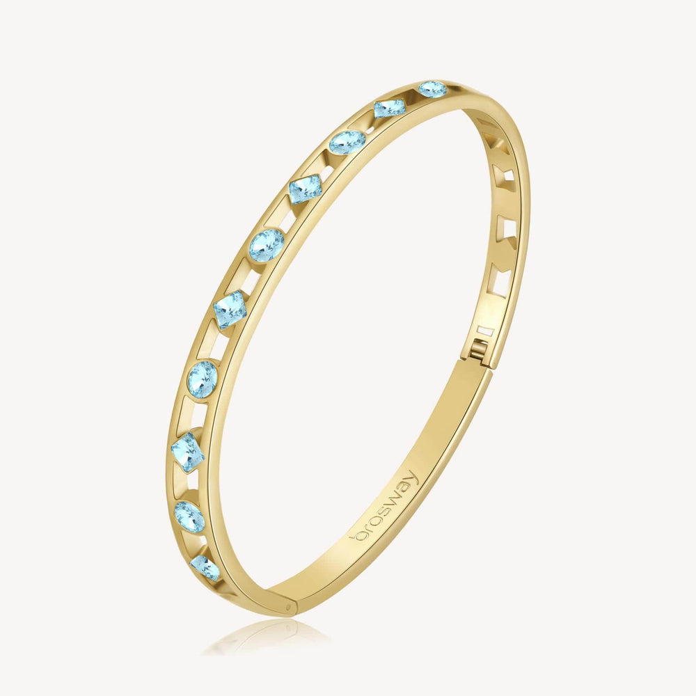 BRC-SS Stainless Steel Gold Tone Latching Bangle with Engraving & Light Blue Crystals