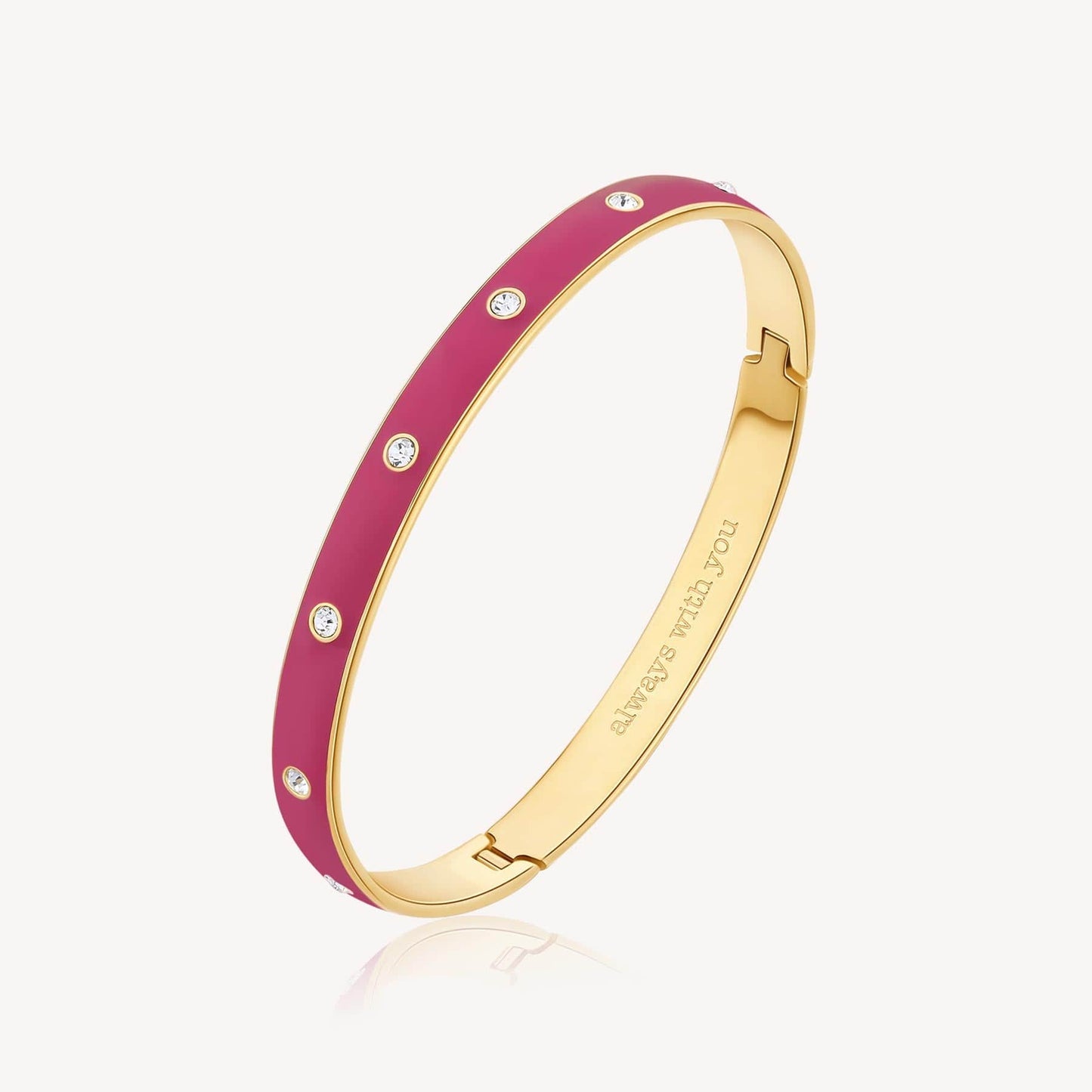 BRC-SS Stainless Steel Gold Tone Latching Bangle with Fuchsia Enamel