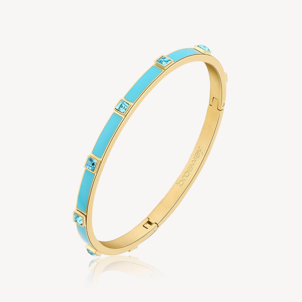 
                      
                        BRC-SS Stainless Steel Gold Tone Latching Bangle with Light Blue Enamel & Crystals
                      
                    